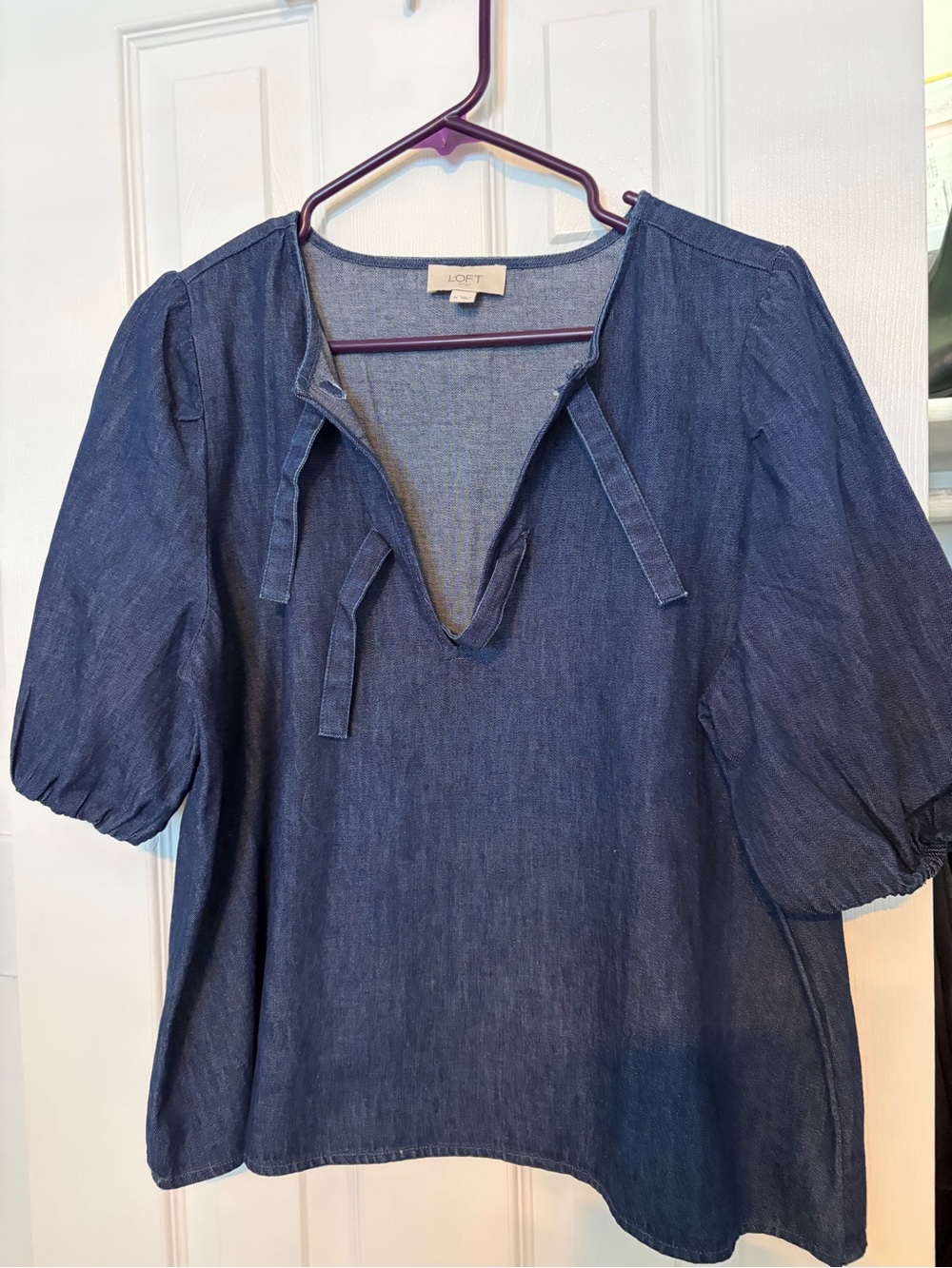LOFT Indigo Chambray Tie-Neck Puff Sleeve Blouse